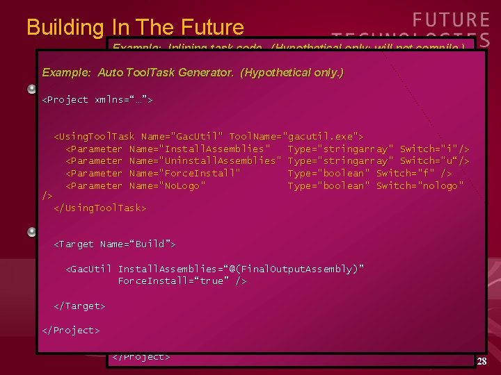 Building In The Future Example: Inlining task code. (Hypothetical only; will not compile. )