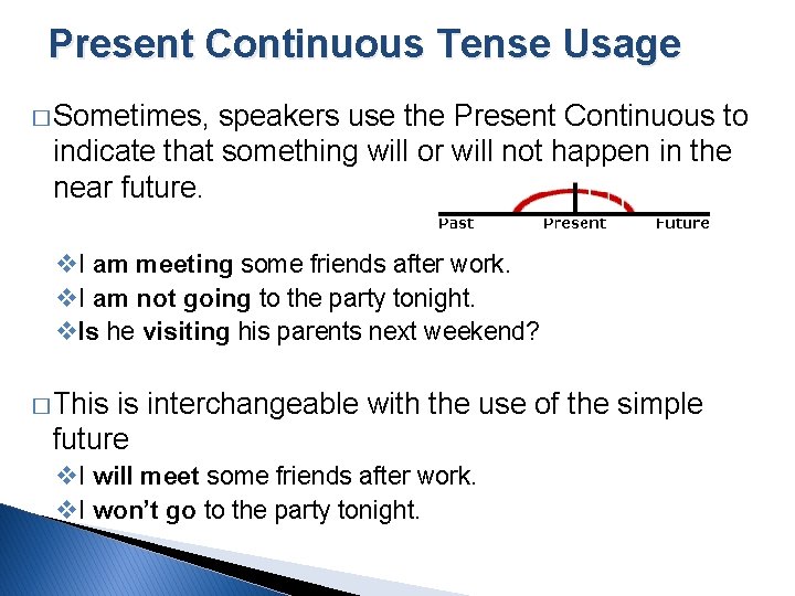 Present Continuous Tense Usage � Sometimes, speakers use the Present Continuous to indicate that