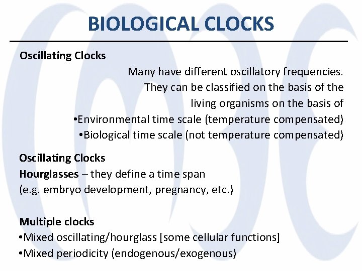 BIOLOGICAL CLOCKS Oscillating Clocks Many have different oscillatory frequencies. They can be classified on