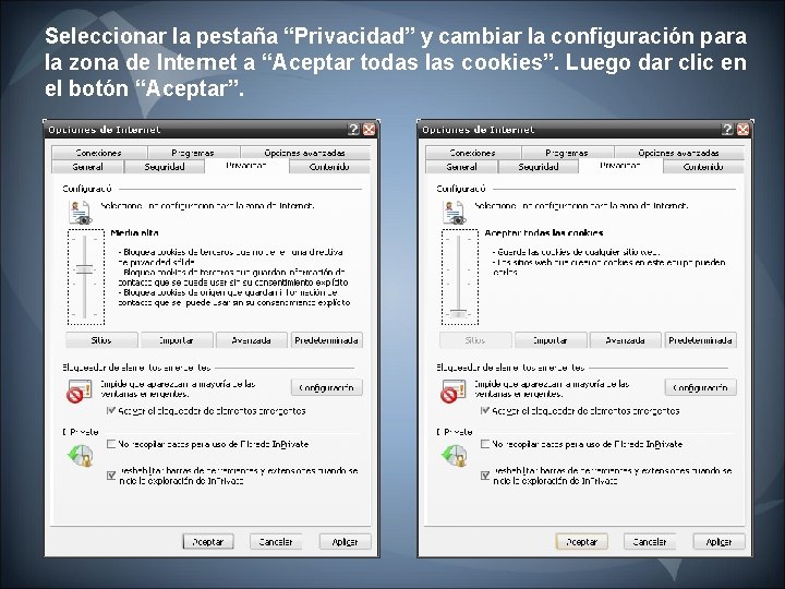 Seleccionar la pestaña “Privacidad” y cambiar la configuración para la zona de Internet a