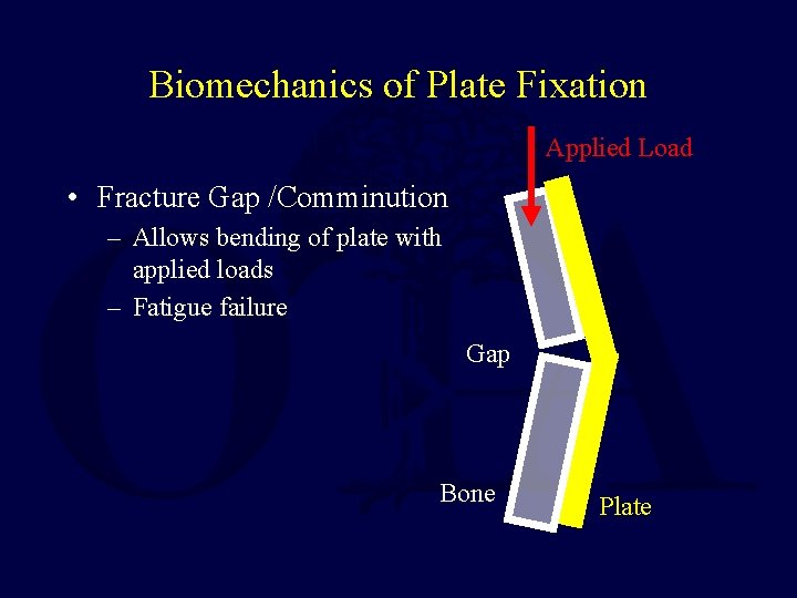 Biomechanics of Plate Fixation Applied Load • Fracture Gap /Comminution – Allows bending of