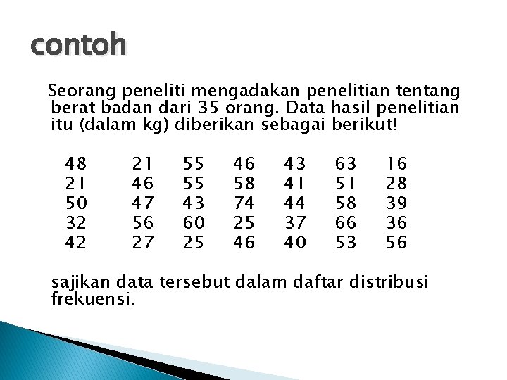 contoh Seorang peneliti mengadakan penelitian tentang berat badan dari 35 orang. Data hasil penelitian contoh Seorang peneliti mengadakan penelitian tentang berat badan dari 35 orang. Data hasil penelitian