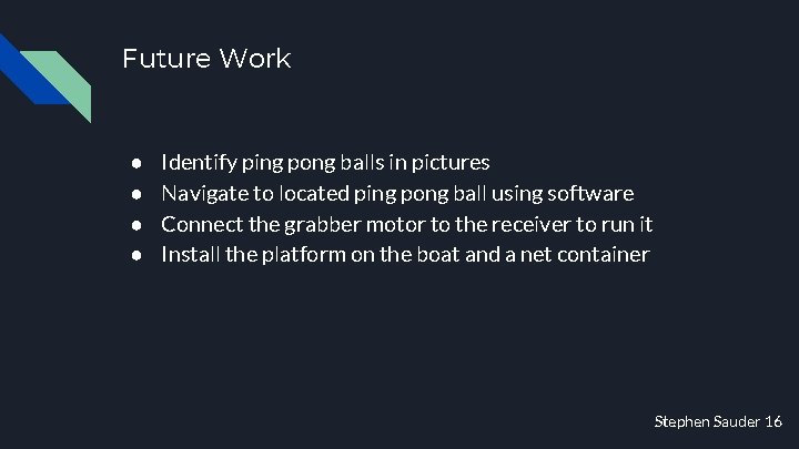 Future Work ● ● Identify ping pong balls in pictures Navigate to located ping Future Work ● ● Identify ping pong balls in pictures Navigate to located ping