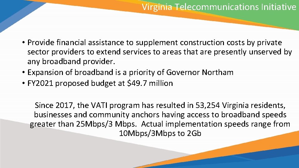 Virginia Telecommunications Initiative • Provide financial assistance to supplement construction costs by private sector Virginia Telecommunications Initiative • Provide financial assistance to supplement construction costs by private sector