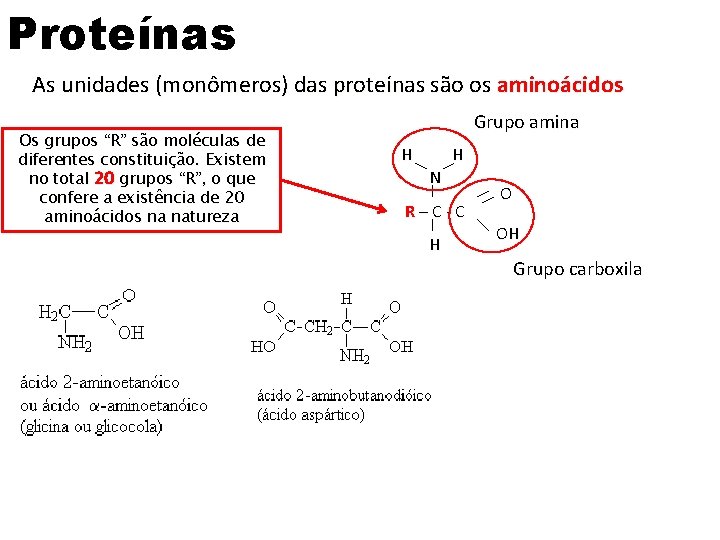 Proteínas As unidades (monômeros) das proteínas são os aminoácidos Os grupos “R” são moléculas