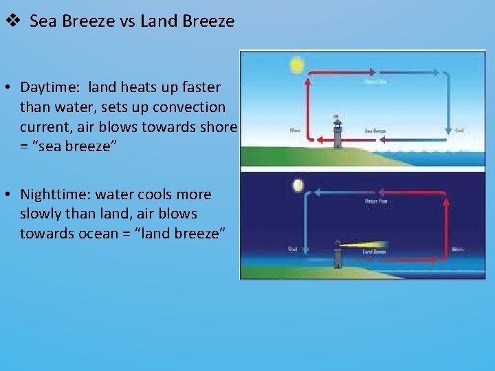 v Sea Breeze vs Land Breeze • Daytime: land heats up faster than water,