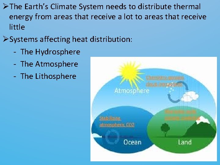 ØThe Earth’s Climate System needs to distribute thermal energy from areas that receive a