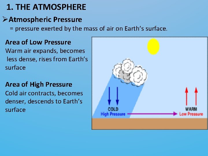 1. THE ATMOSPHERE ØAtmospheric Pressure = pressure exerted by the mass of air on