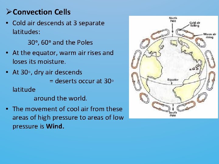 ØConvection Cells • Cold air descends at 3 separate latitudes: 30 o, 60 o