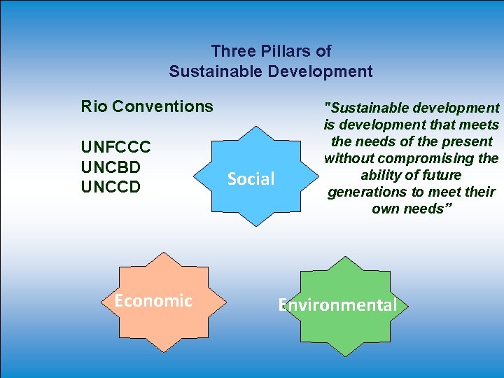 Three Pillars of Sustainable Development Rio Conventions UNFCCC UNCBD UNCCD Economic Social "Sustainable development Three Pillars of Sustainable Development Rio Conventions UNFCCC UNCBD UNCCD Economic Social "Sustainable development