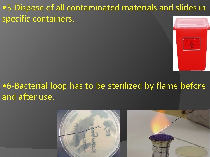  • 5 -Dispose of all contaminated materials and slides in specific containers. •
