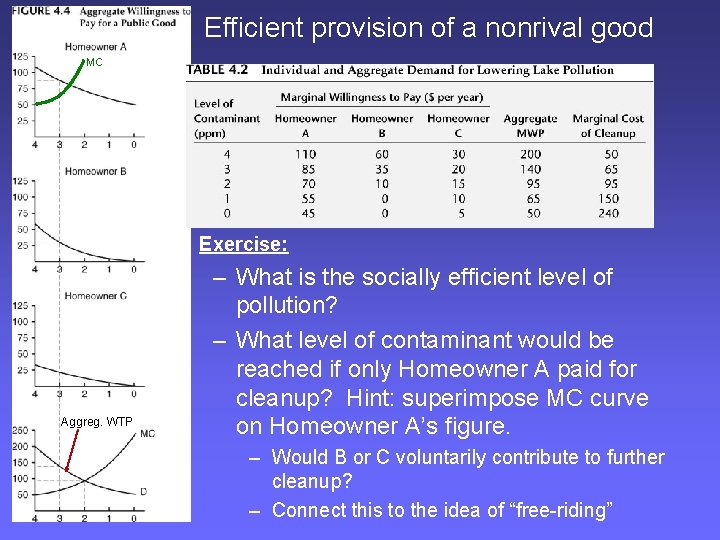 Efficient provision of a nonrival good MC Exercise: Aggreg. WTP – What is the
