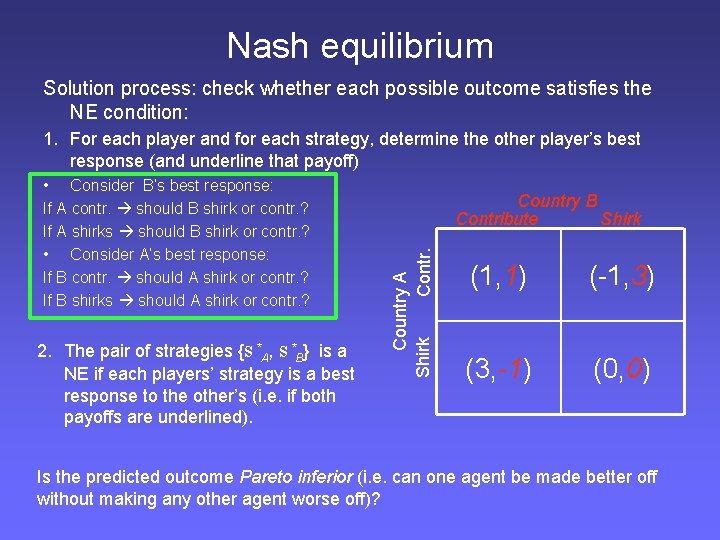 Nash equilibrium Solution process: check whether each possible outcome satisfies the NE condition: 1.