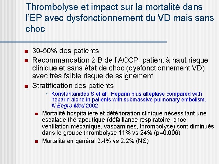 Thrombolyse et impact sur la mortalité dans l’EP avec dysfonctionnement du VD mais sans