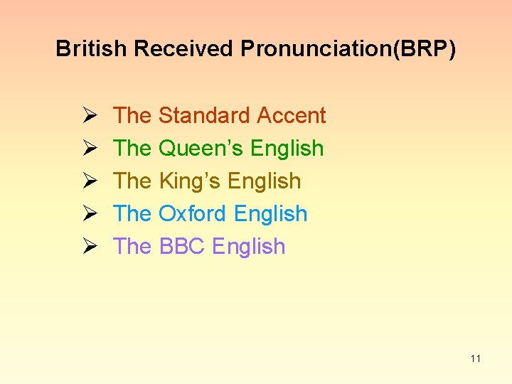 British Received Pronunciation(BRP) Ø Ø Ø The Standard Accent The Queen’s English The King’s