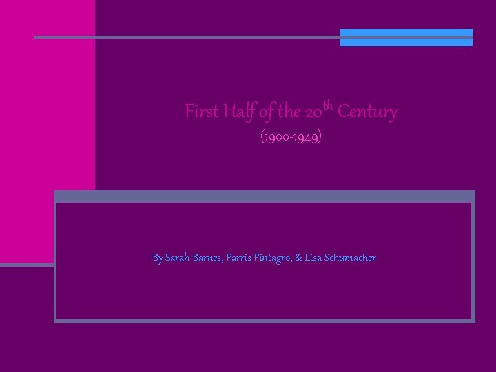 First Half of the 20 th Century (1900 -1949) By Sarah Barnes, Parris Pintagro,