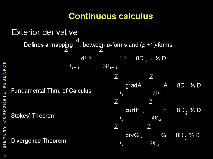 Continuous calculus Exterior derivative d Defines a mapping, , between p forms and (p