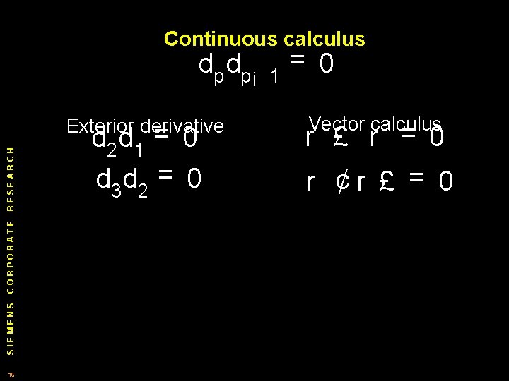 Continuous calculus SIEMENS CORPORATE RESEARCH dp dp¡ 16 Exterior derivative d 2 d 1