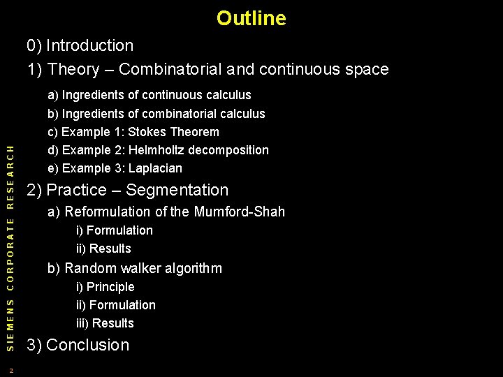 Outline 0) Introduction 1) Theory – Combinatorial and continuous space SIEMENS CORPORATE RESEARCH a)