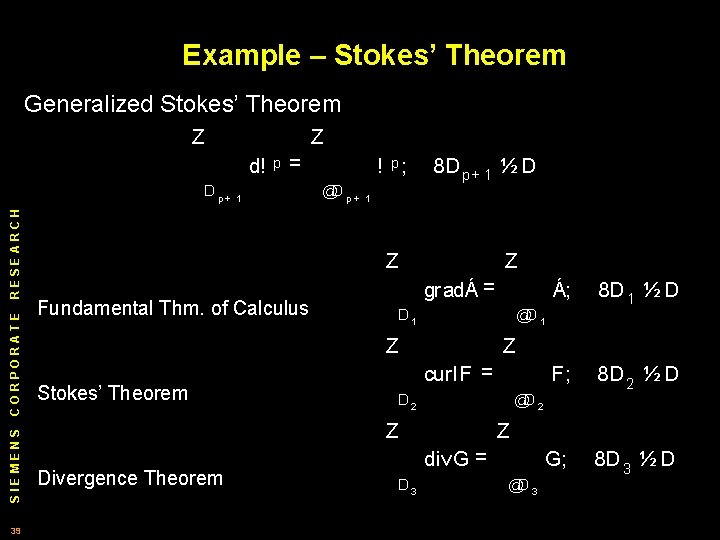 Example – Stokes’ Theorem Generalized Stokes’ Theorem Z Z d! SIEMENS CORPORATE RESEARCH Dp+