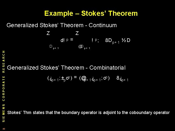 Example – Stokes’ Theorem Generalized Stokes’ Theorem Continuum Z Z d! SIEMENS CORPORATE RESEARCH