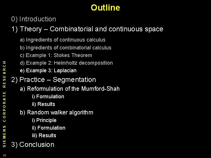 Outline 0) Introduction 1) Theory – Combinatorial and continuous space SIEMENS CORPORATE RESEARCH a)