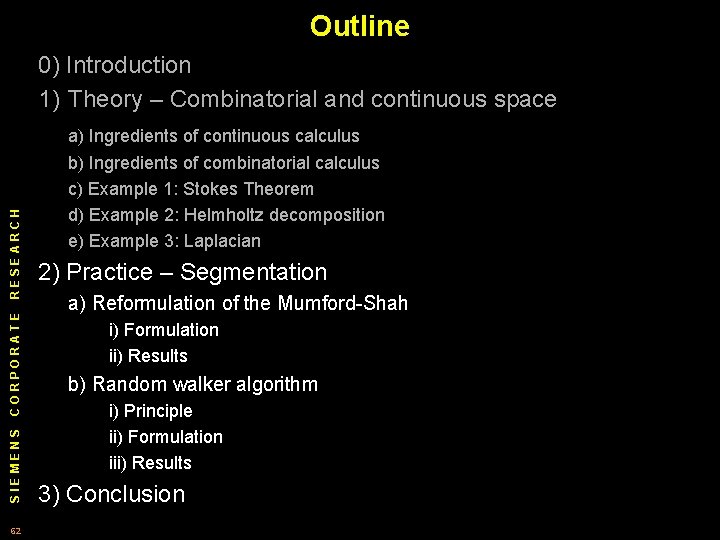 Outline 0) Introduction 1) Theory – Combinatorial and continuous space SIEMENS CORPORATE RESEARCH a)