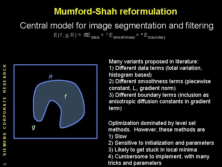 Mumford-Shah reformulation Central model for image segmentation and filtering SIEMENS CORPORATE RESEARCH E (f