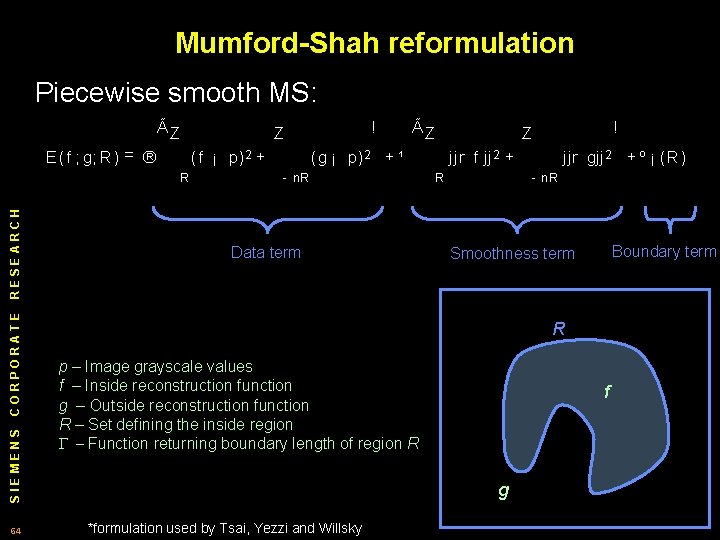 Mumford-Shah reformulation Piecewise smooth MS: ÃZ E (f ; g; R) = ® (f