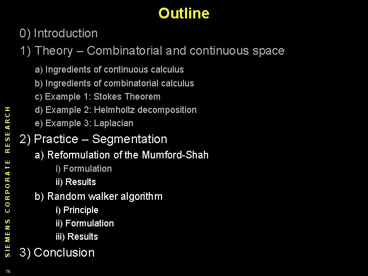 Outline 0) Introduction 1) Theory – Combinatorial and continuous space SIEMENS CORPORATE RESEARCH a)
