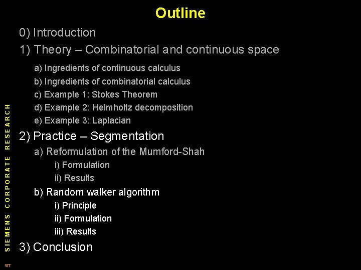 Outline 0) Introduction 1) Theory – Combinatorial and continuous space SIEMENS CORPORATE RESEARCH a)