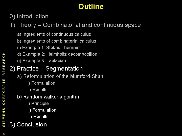 Outline 0) Introduction 1) Theory – Combinatorial and continuous space SIEMENS CORPORATE RESEARCH a)