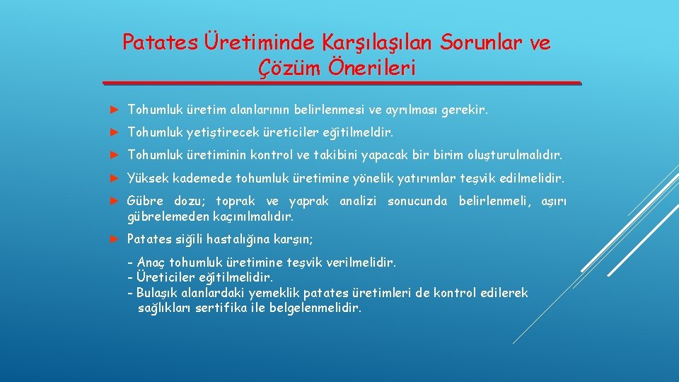 Patates Üretiminde Karşılan Sorunlar ve Çözüm Önerileri ► Tohumluk üretim alanlarının belirlenmesi ve ayrılması