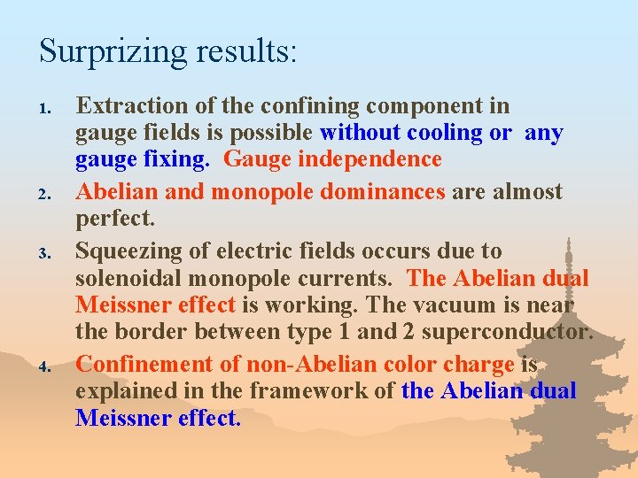 Surprizing results: 1. 2. 3. 4. Extraction of the confining component in gauge fields