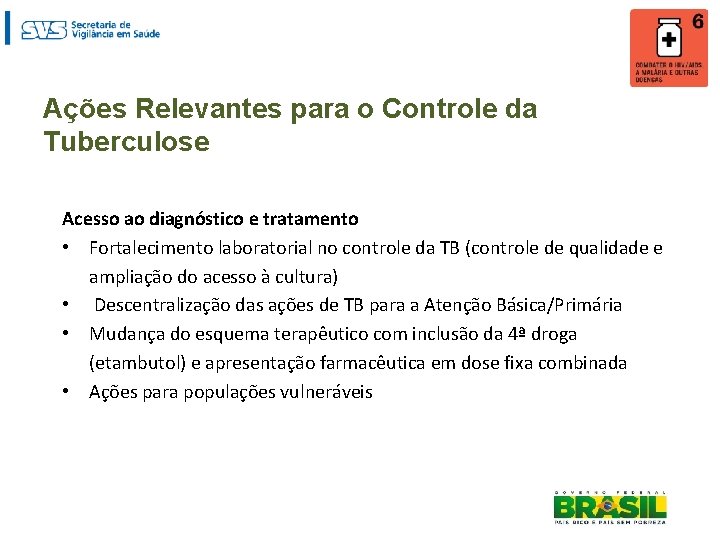 Ações Relevantes para o Controle da Tuberculose Acesso ao diagnóstico e tratamento • Fortalecimento