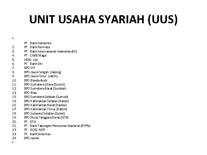 UNIT USAHA SYARIAH (UUS) 1. 2. 3. 4. 5. 6. 7. 8. 9. 10. UNIT USAHA SYARIAH (UUS) 1. 2. 3. 4. 5. 6. 7. 8. 9. 10.