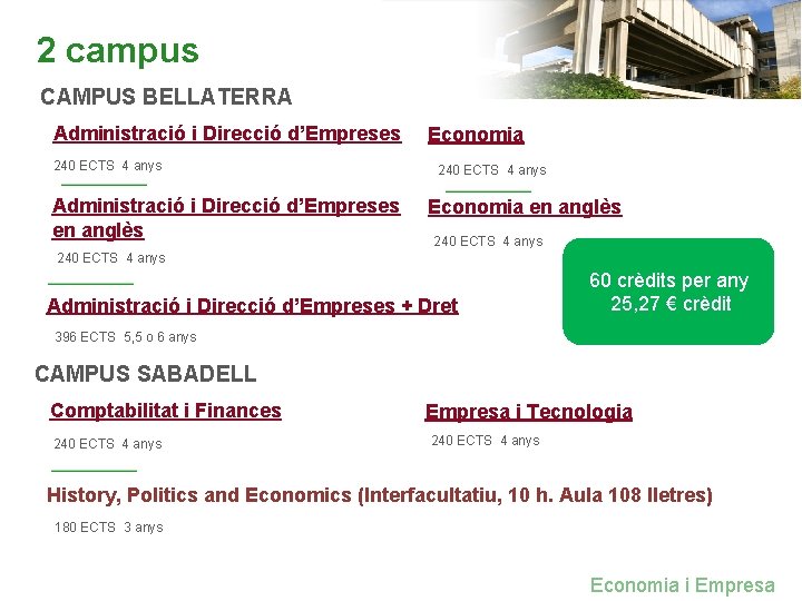 2 campus CAMPUS BELLATERRA Administració i Direcció d’Empreses 240 ECTS 4 anys Administració i 2 campus CAMPUS BELLATERRA Administració i Direcció d’Empreses 240 ECTS 4 anys Administració i