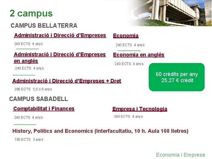 2 campus CAMPUS BELLATERRA Administració i Direcció d’Empreses 240 ECTS 4 anys Administració i