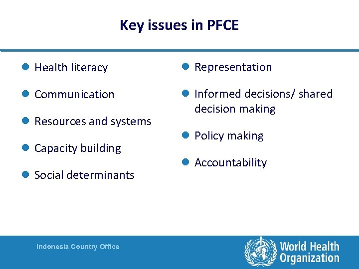 Key issues in PFCE l Health literacy l Representation l Communication l Informed decisions/ Key issues in PFCE l Health literacy l Representation l Communication l Informed decisions/