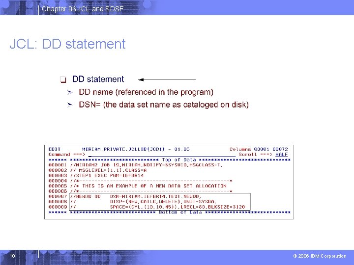 Chapter 06 JCL and SDSF JCL: DD statement 10 © 2006 IBM Corporation 