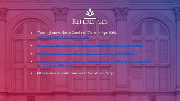 References ▣ "Packingham v. North Carolina. " Oyez, 14 Apr. 2019, www. oyez. org/cases/2016/15