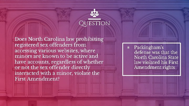 Question Does North Carolina law prohibiting registered sex offenders from accessing various websites, where