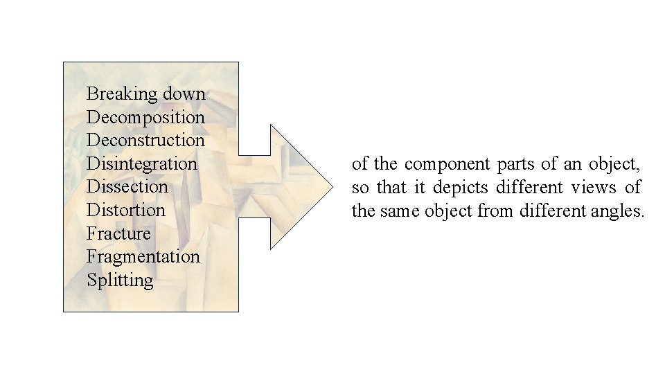 Breaking down Decomposition Deconstruction Disintegration Dissection Distortion Fracture Fragmentation Splitting of the component parts Breaking down Decomposition Deconstruction Disintegration Dissection Distortion Fracture Fragmentation Splitting of the component parts