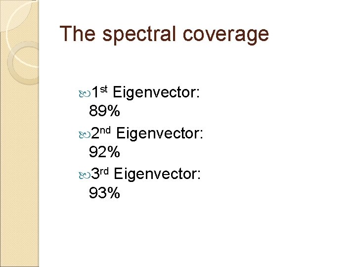 The spectral coverage 1 st Eigenvector: 89% 2 nd Eigenvector: 92% 3 rd Eigenvector: The spectral coverage 1 st Eigenvector: 89% 2 nd Eigenvector: 92% 3 rd Eigenvector:
