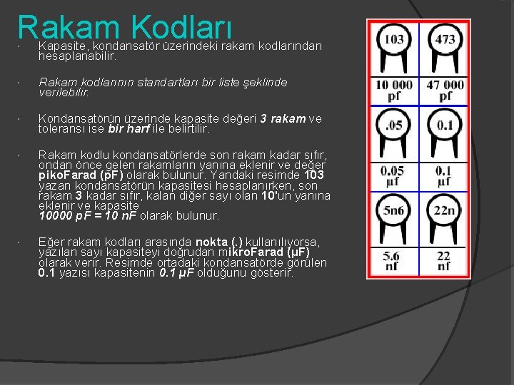 Rakam Kodları Kapasite, kondansatör üzerindeki rakam kodlarından hesaplanabilir. Rakam kodlarının standartları bir liste şeklinde