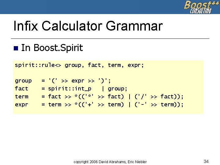 Infix Calculator Grammar n In Boost. Spirit spirit: : rule<> group, fact, term, expr;