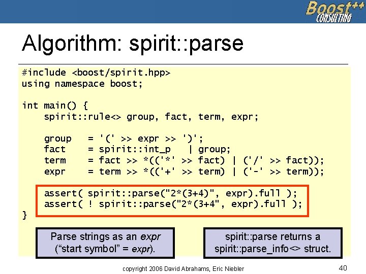 Algorithm: spirit: : parse #include <boost/spirit. hpp> using namespace boost; int main() { spirit: