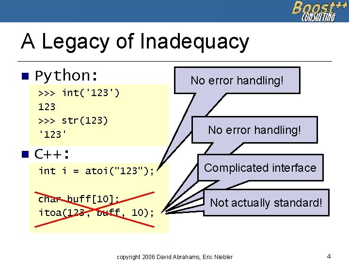 A Legacy of Inadequacy n Python: No error handling! >>> int('123') 123 >>> str(123)