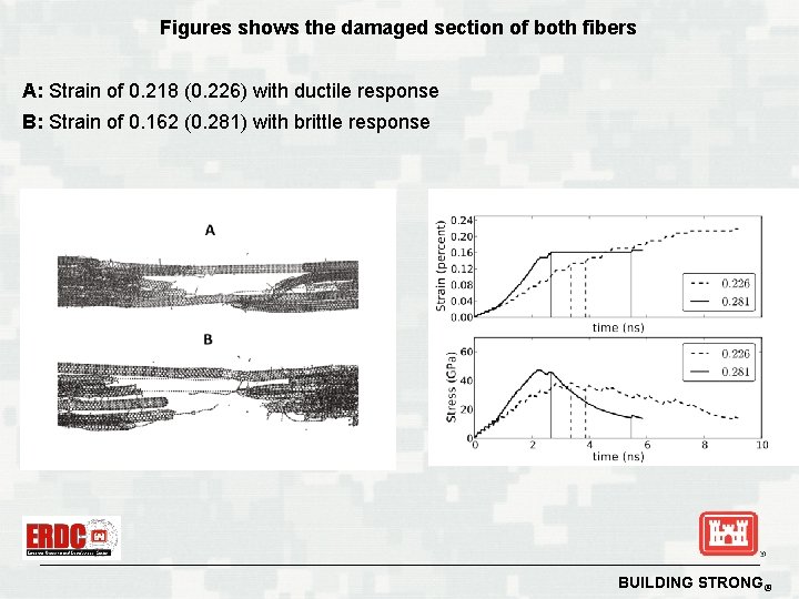 Figures shows the damaged section of both fibers A: Strain of 0. 218 (0.