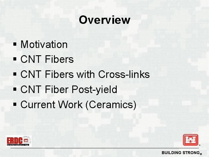 Overview § Motivation § CNT Fibers with Cross-links § CNT Fiber Post-yield § Current